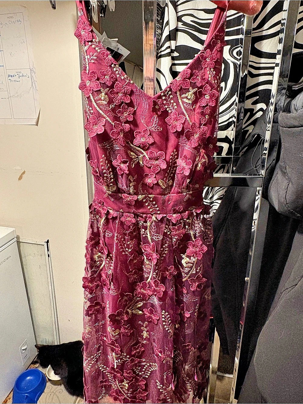 Arula Burgundy 3D Floral Embroidered Maxi Dress Size XS| Gold Detail